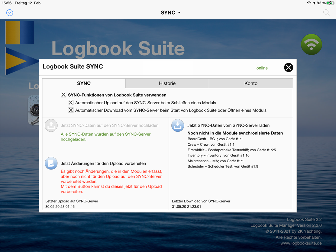 In den SYNC-Einstellungen im Logbook Suite Manager wird die SYNC-Funktion für die gesamte Logbook Suite aktiviert und festgelegt, wann Daten synchronisiert werden sollen. Nachträgliche Up- und Downloads können hier ausgeführt werden.